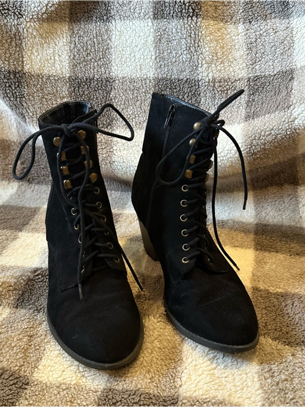 Women's Black Lace-Up Suede Ankle Boots with Side Zip